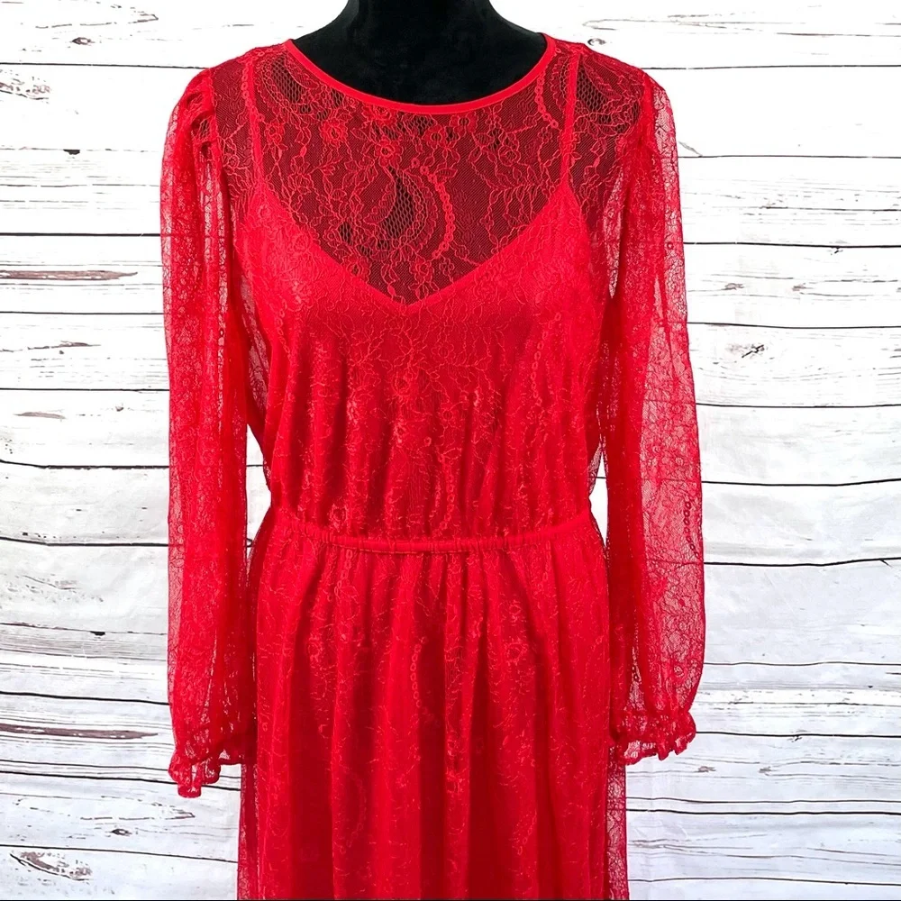 Banana Republic Women's Lace Dress Long Sleeve  Midi Semi Sheer Red Size M - Picture 2 of 10